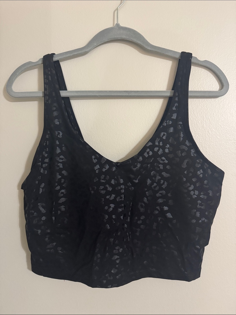 Black V-Neck Cropped Tank with Subtle Leopard Sheen